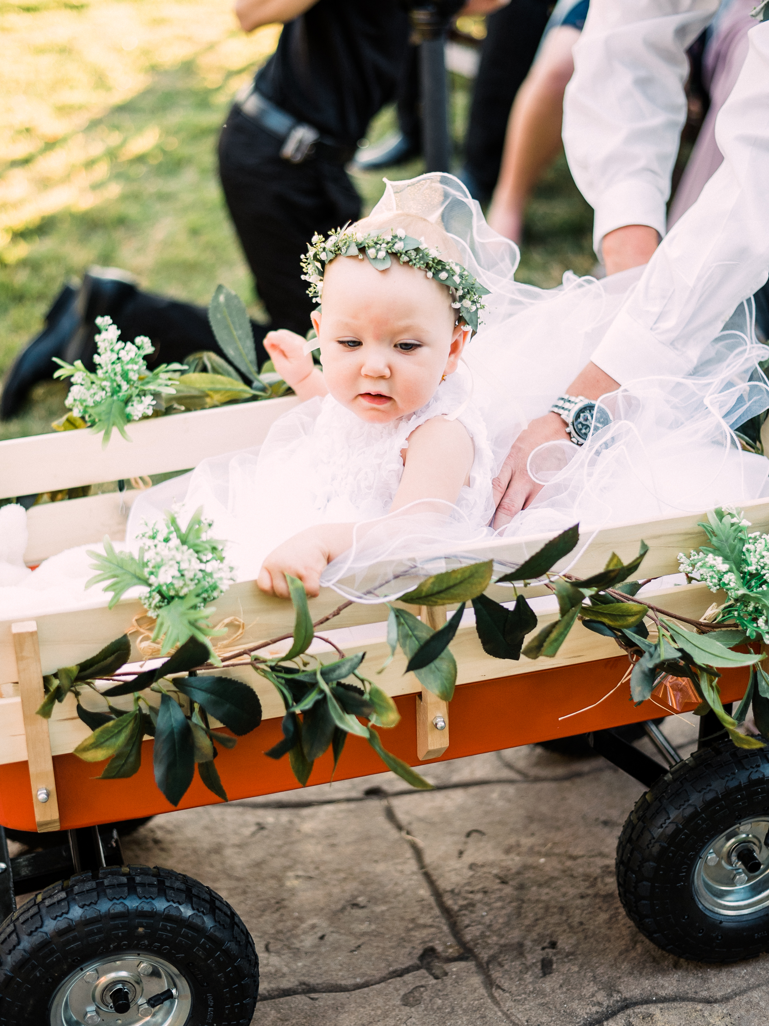 flower girl pulling baby in wagon